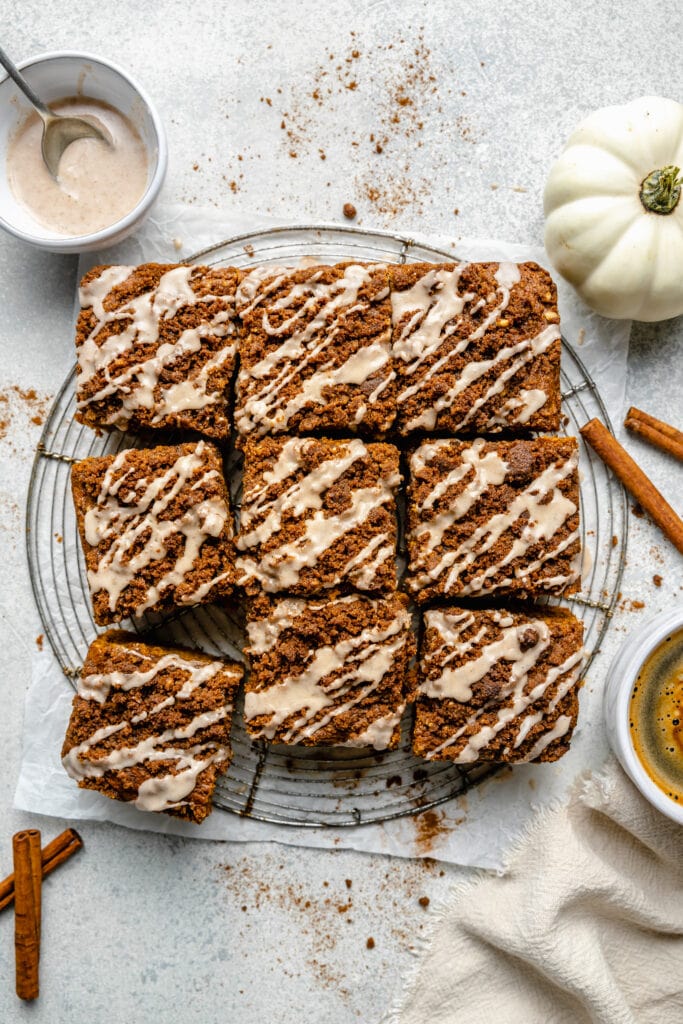 pumpkin coffee cake in 9 slices