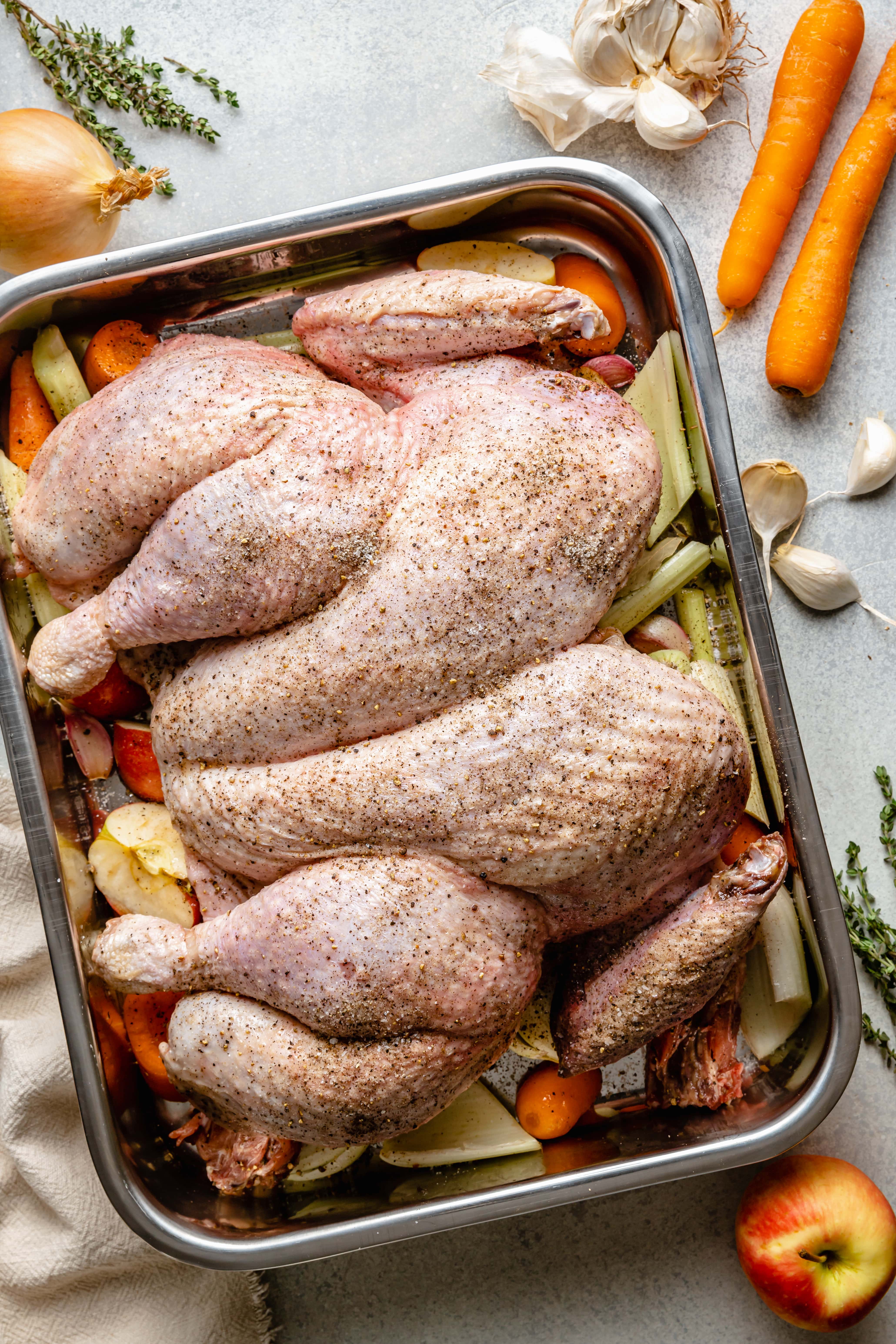 prepped turkey in roasting pan