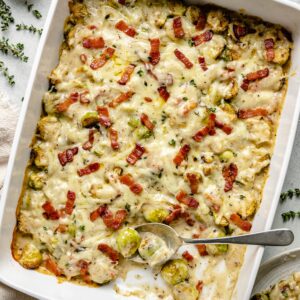 brussel sprouts au gratin in dish