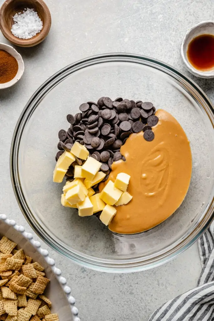 chocolate, peanut butter, and butter in mixing bowl