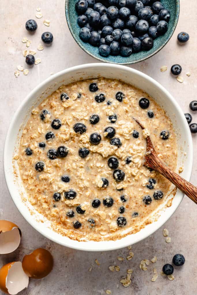 blueberry baked oatmeal batter in bowl