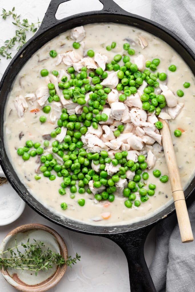 peas and turkey being added to skillet