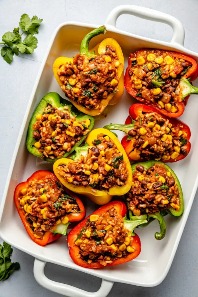 peppers in casserole dish before cheese