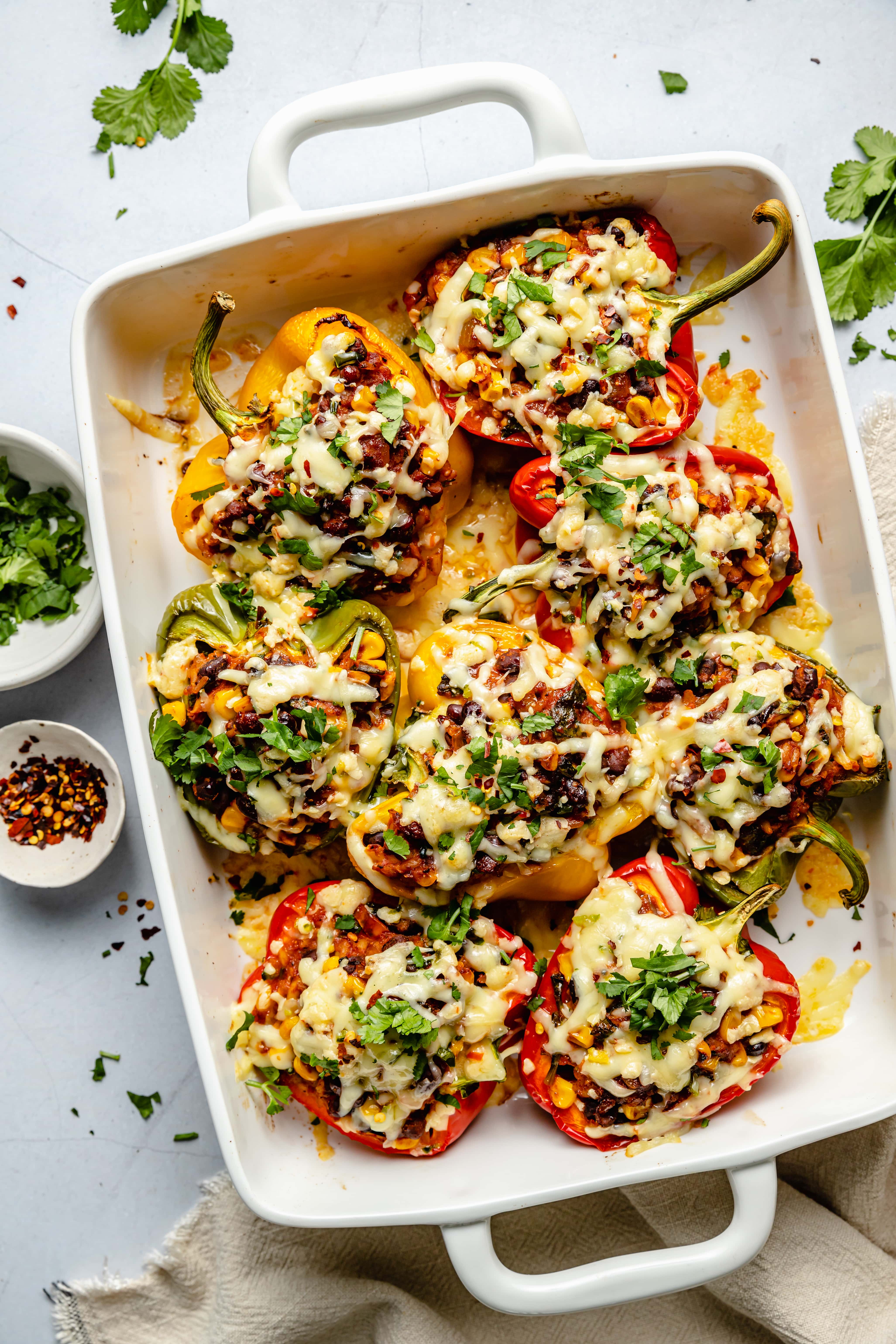 stuffed peppers in casserole dish