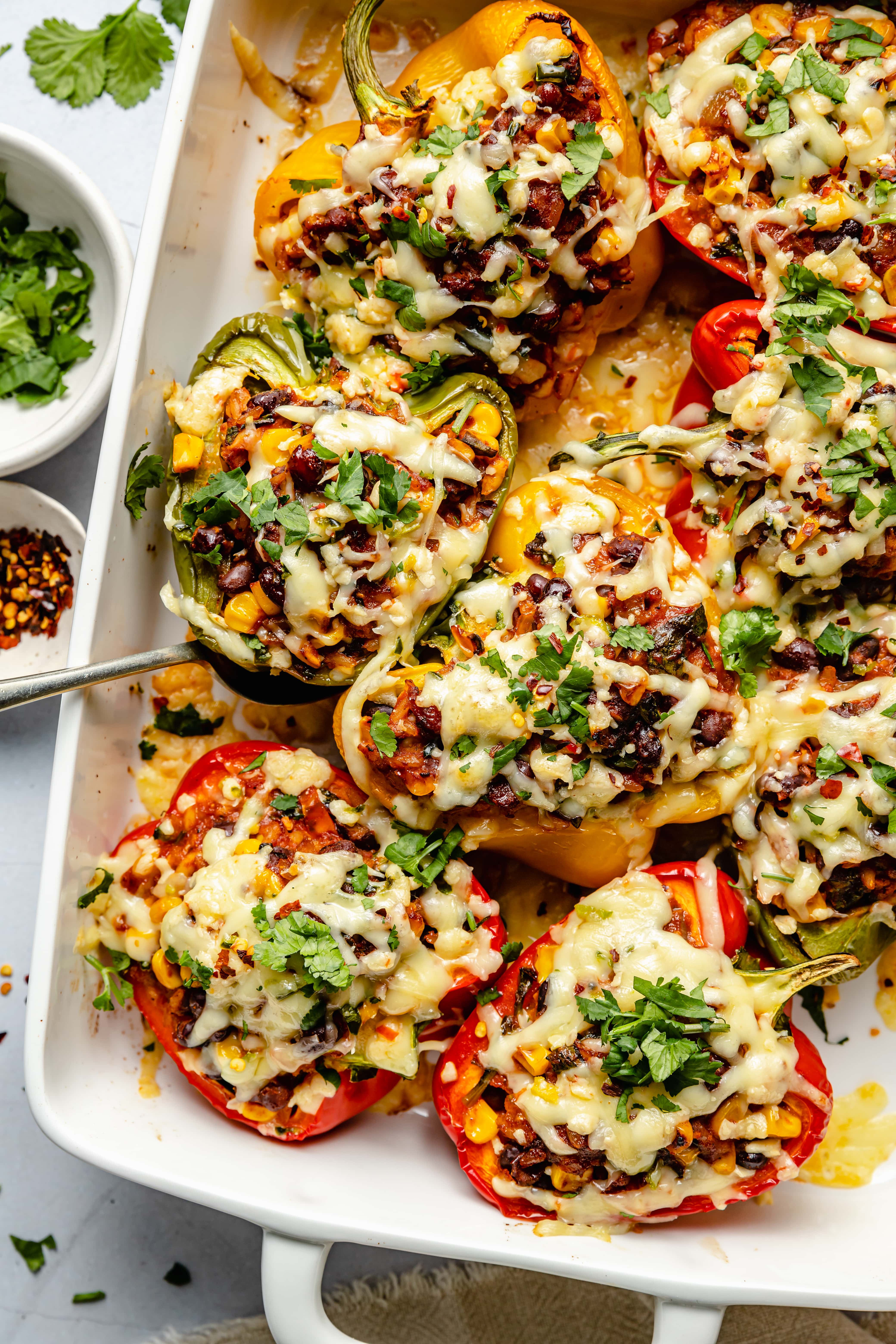 stuffed peppers in casserole dish