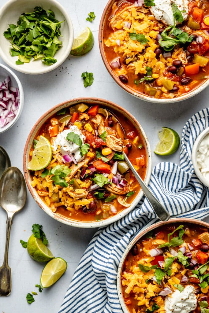 chicken taco soup in bowls