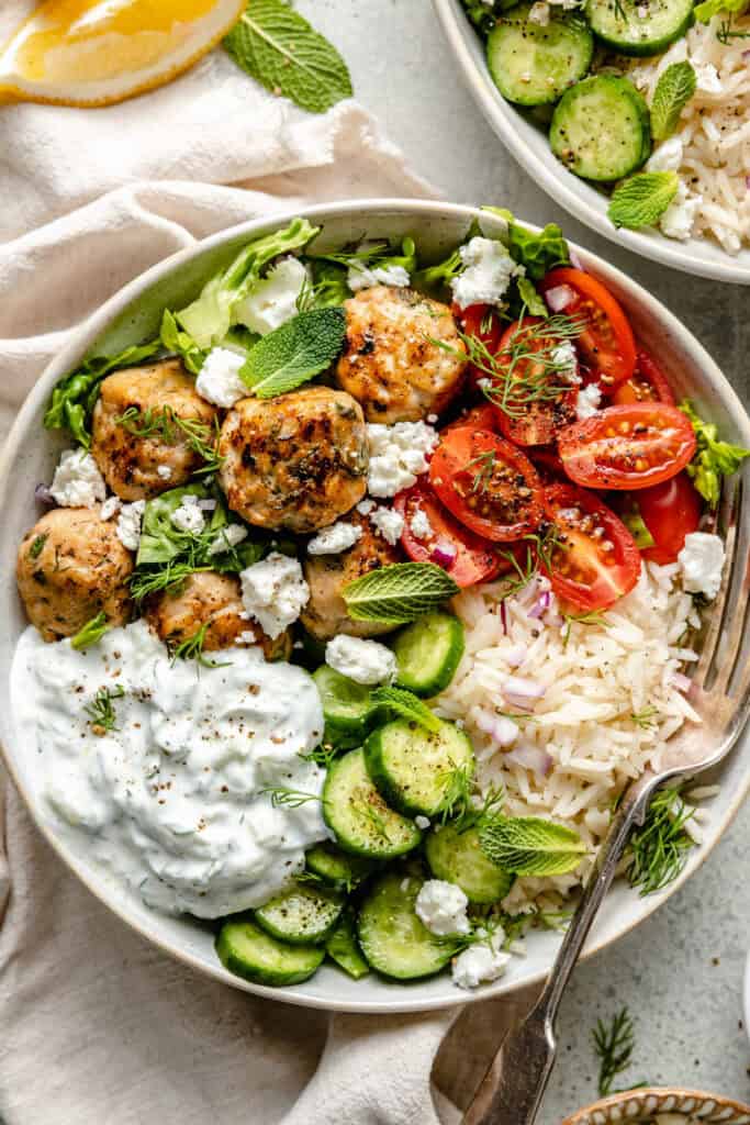 greek chicken meatballs in bowl