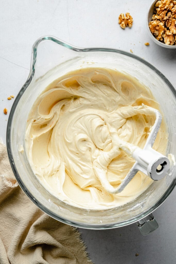 cream cheese frosting in mixing bowl