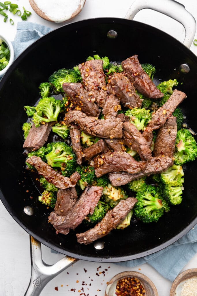beef and broccoli in skillet