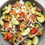 greek chickpea salad in bowl