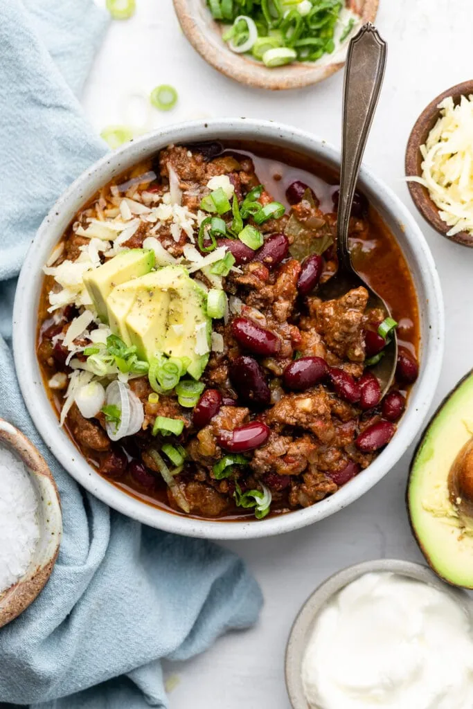 slow cooker chili in bowl