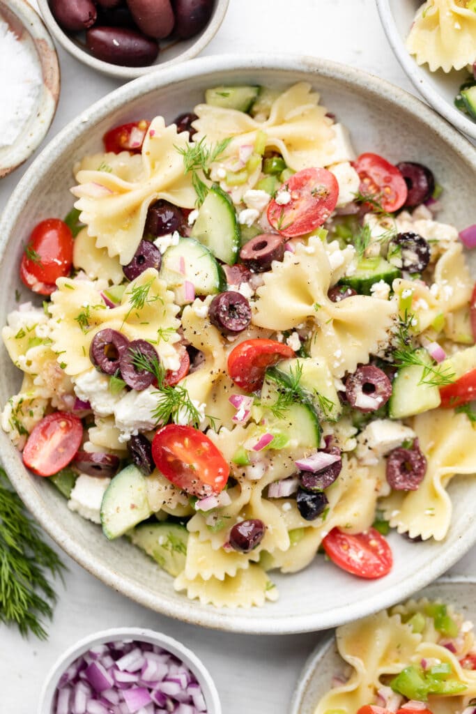 pasta salad in bowl with fork