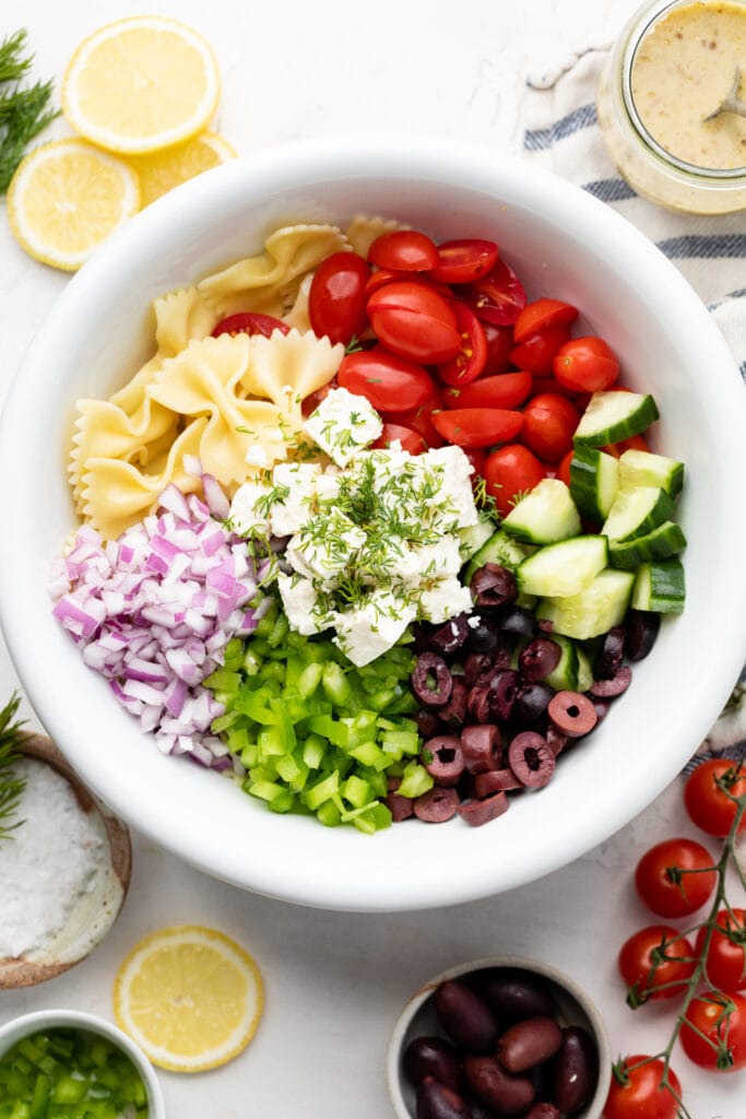 pasta salad ingredients in bowl