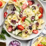pasta salad in bowl with fork
