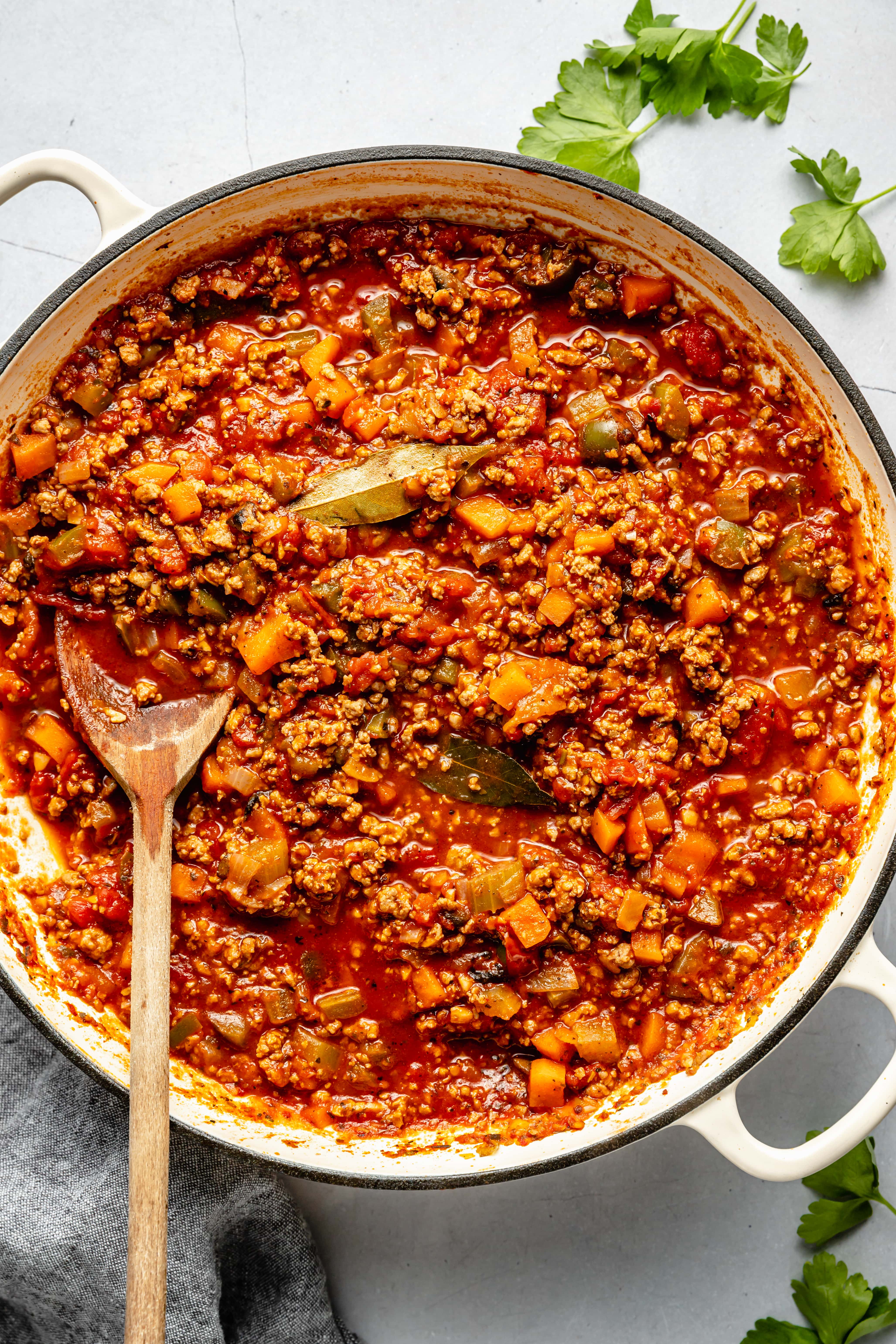 bolognese sauce in pan