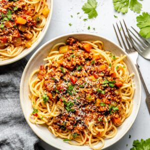 Bolognese sauce over pasta