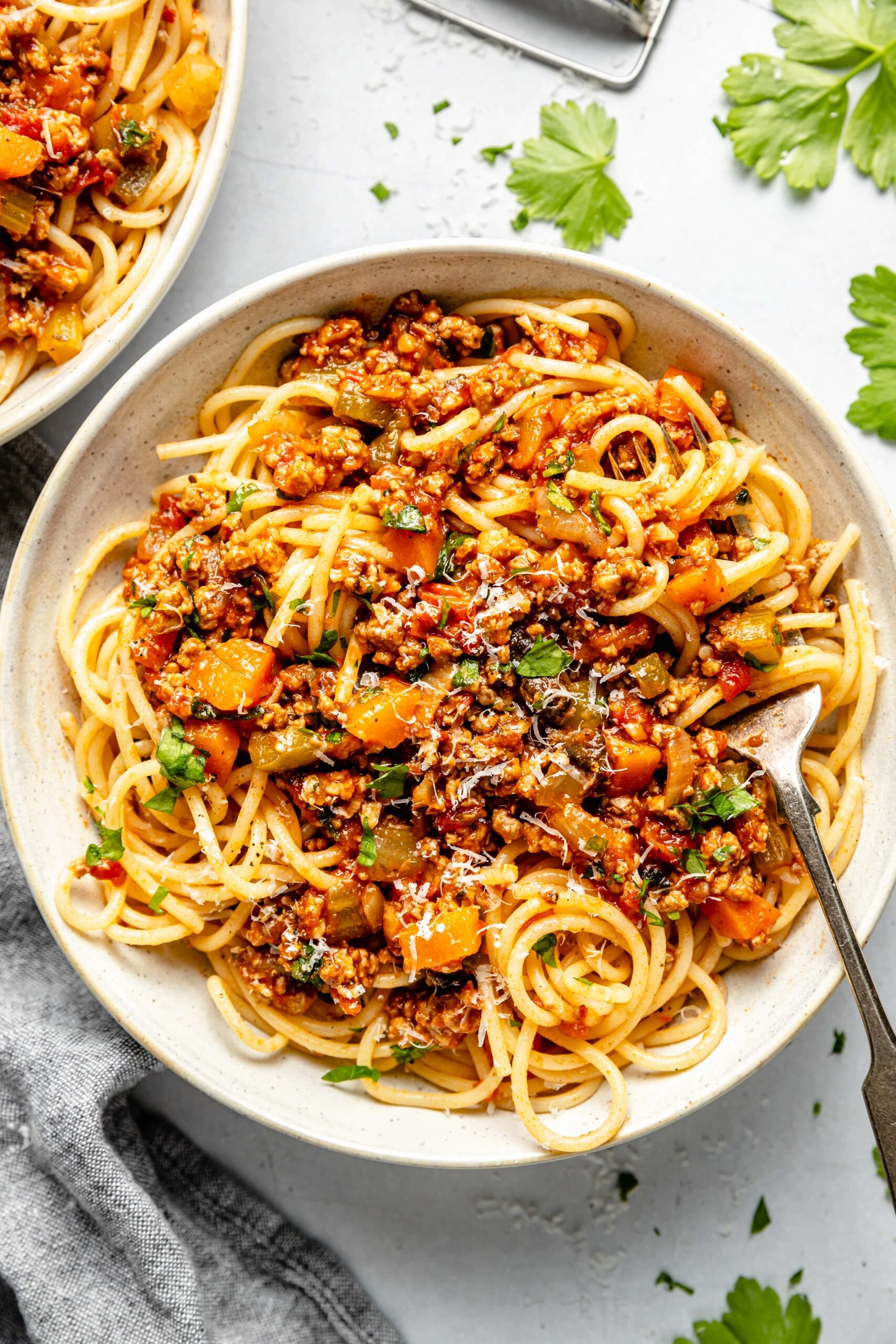 bolognese sauce over pasta