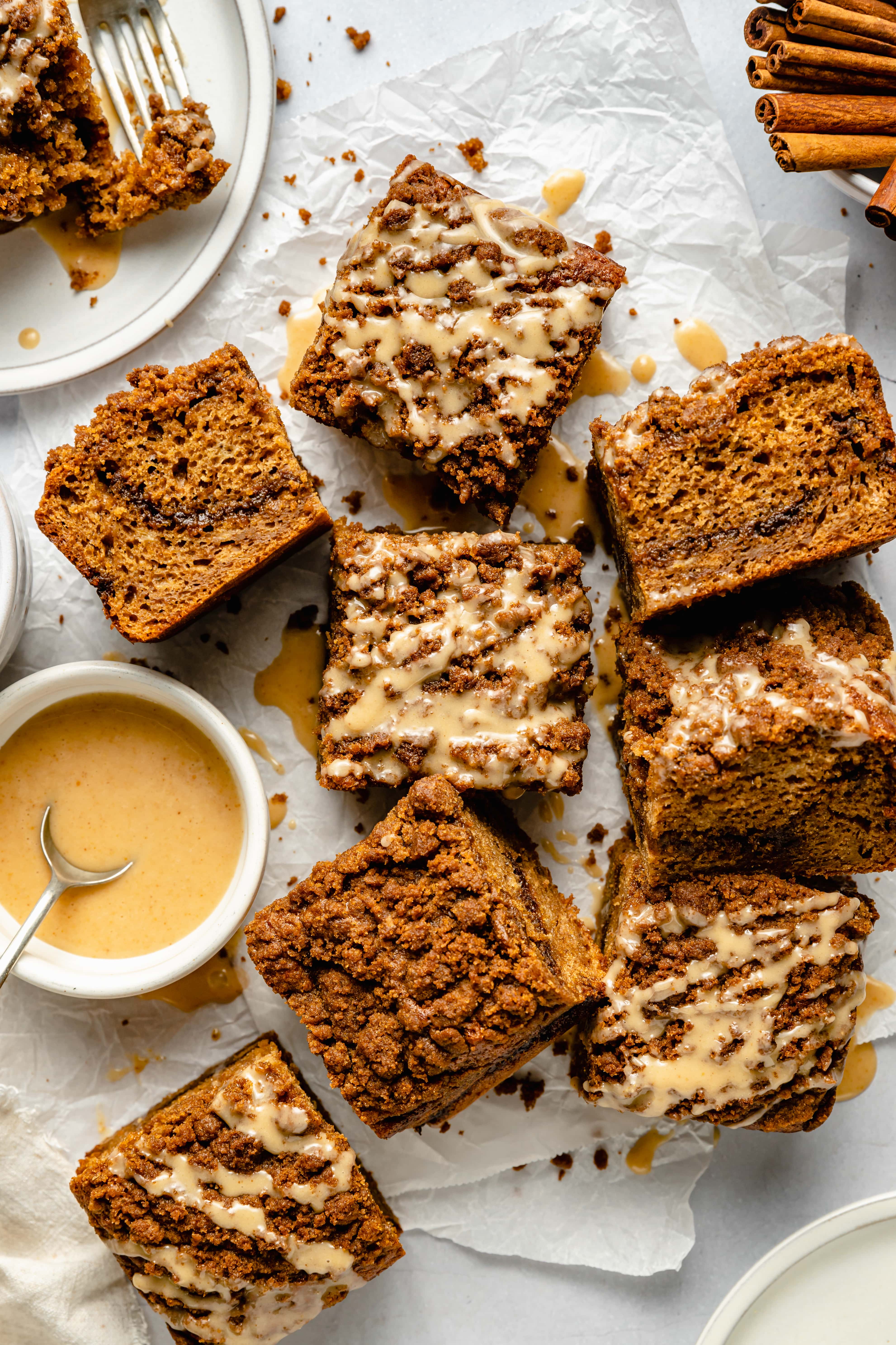 sliced coffee cake with peanut butter icing