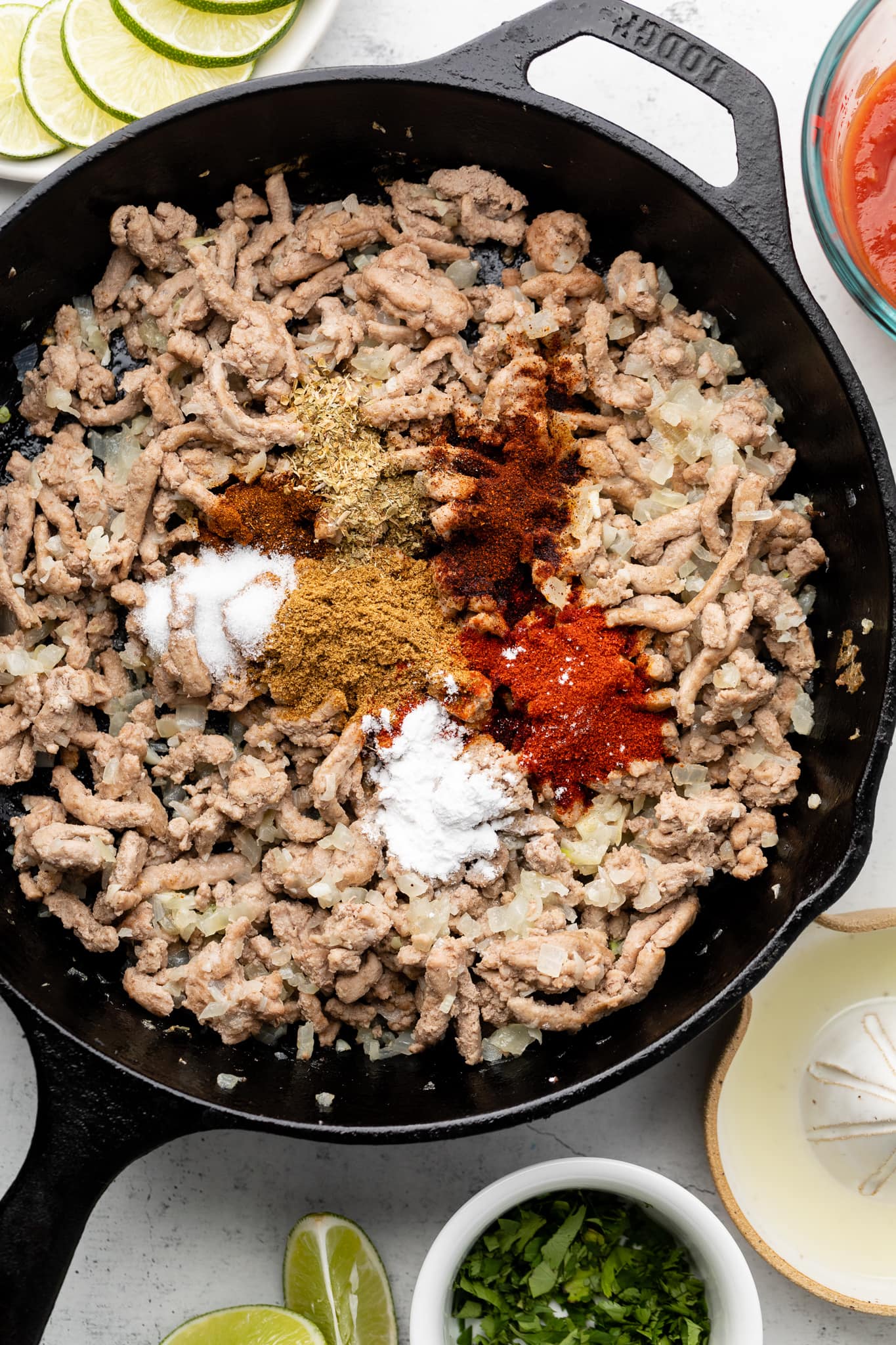 turkey and spices in skillet 