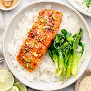 salmon over rice with greens