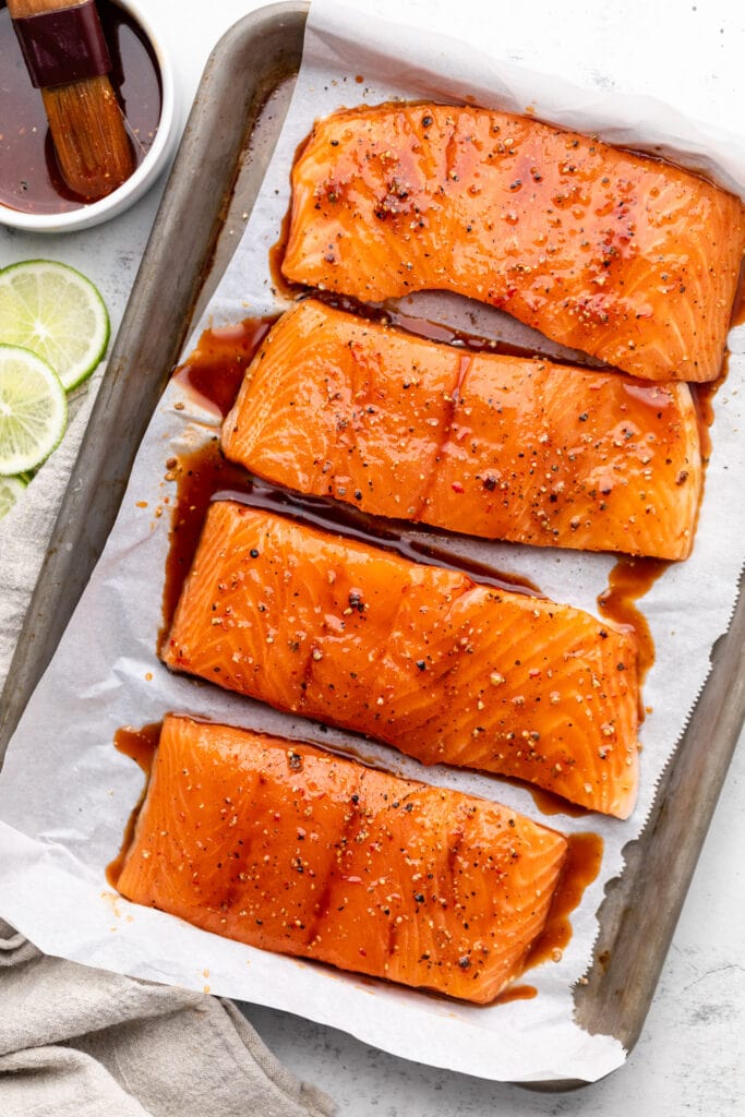 unbaked salmon on sheet pan