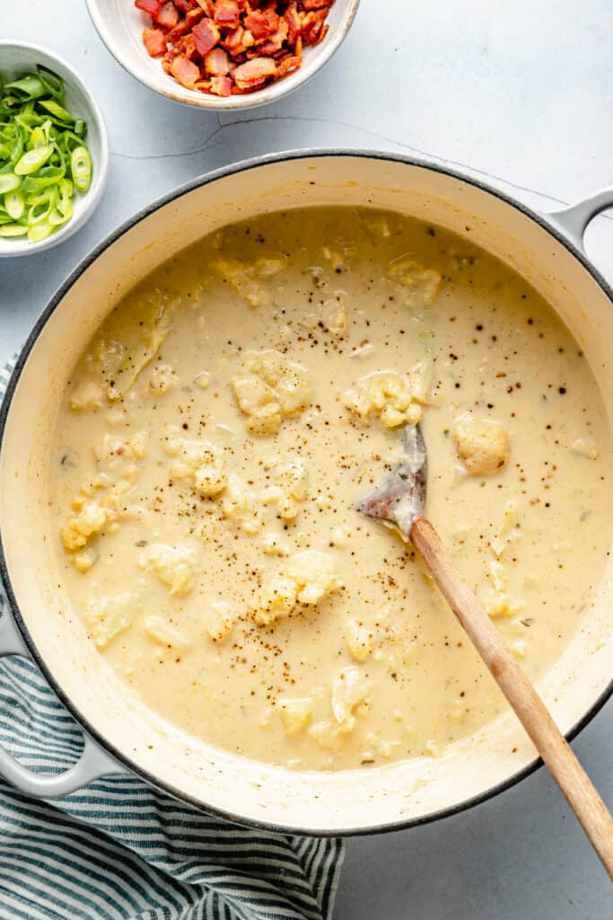 loaded cauliflower soup in pot
