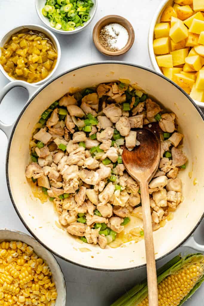 chicken and veggies being cooked in pot