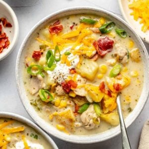 chowder in bowl with toppings