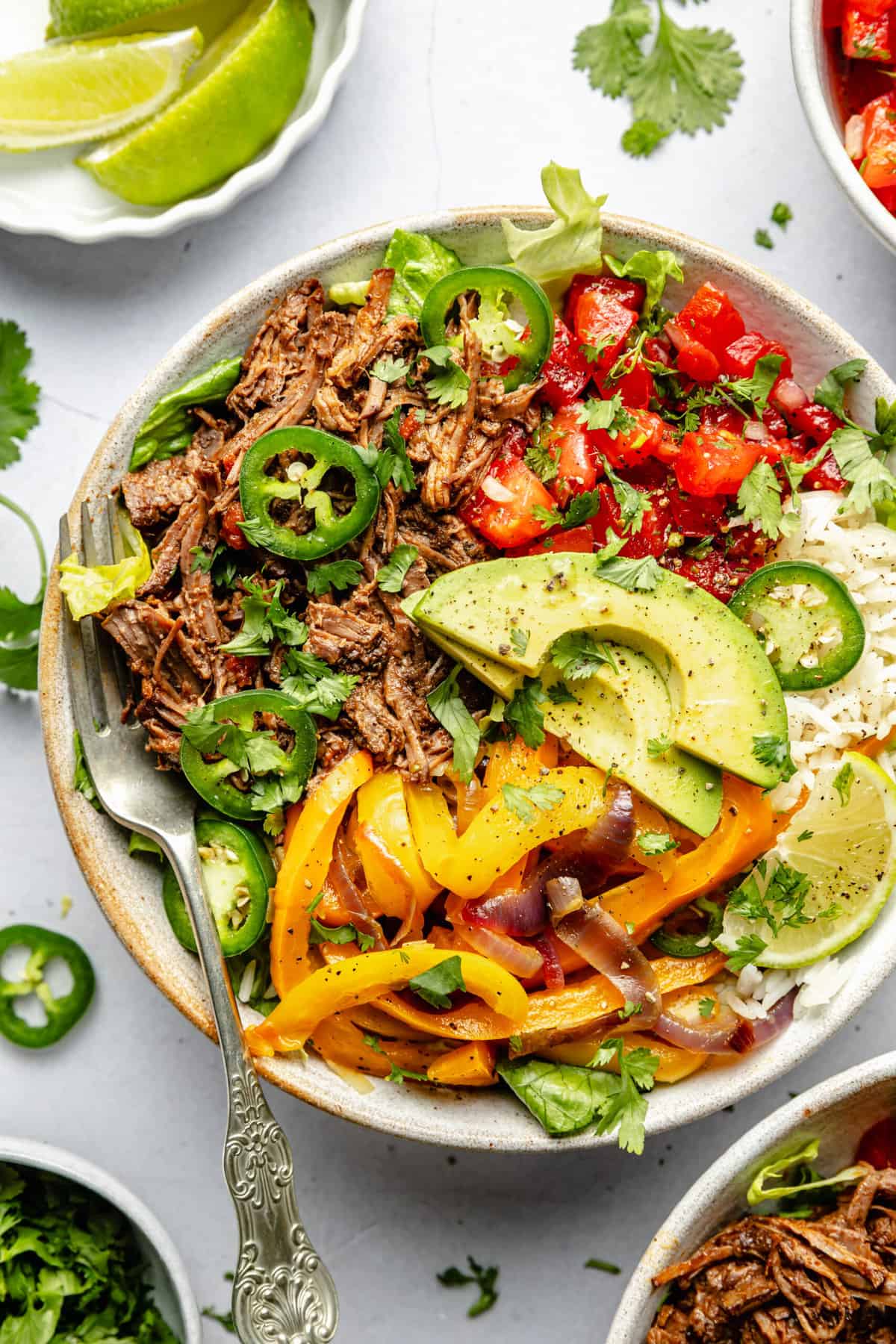 beef burrito bowl with toppings and fork