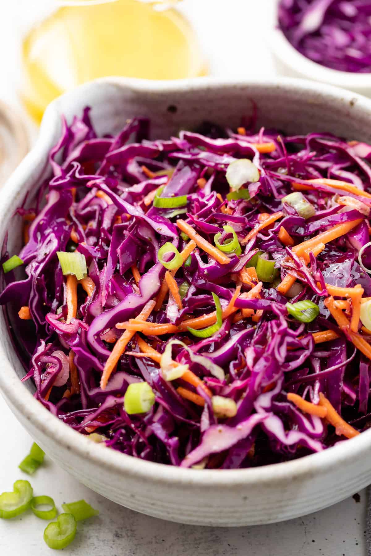 red cabbage slaw in mixing bowl