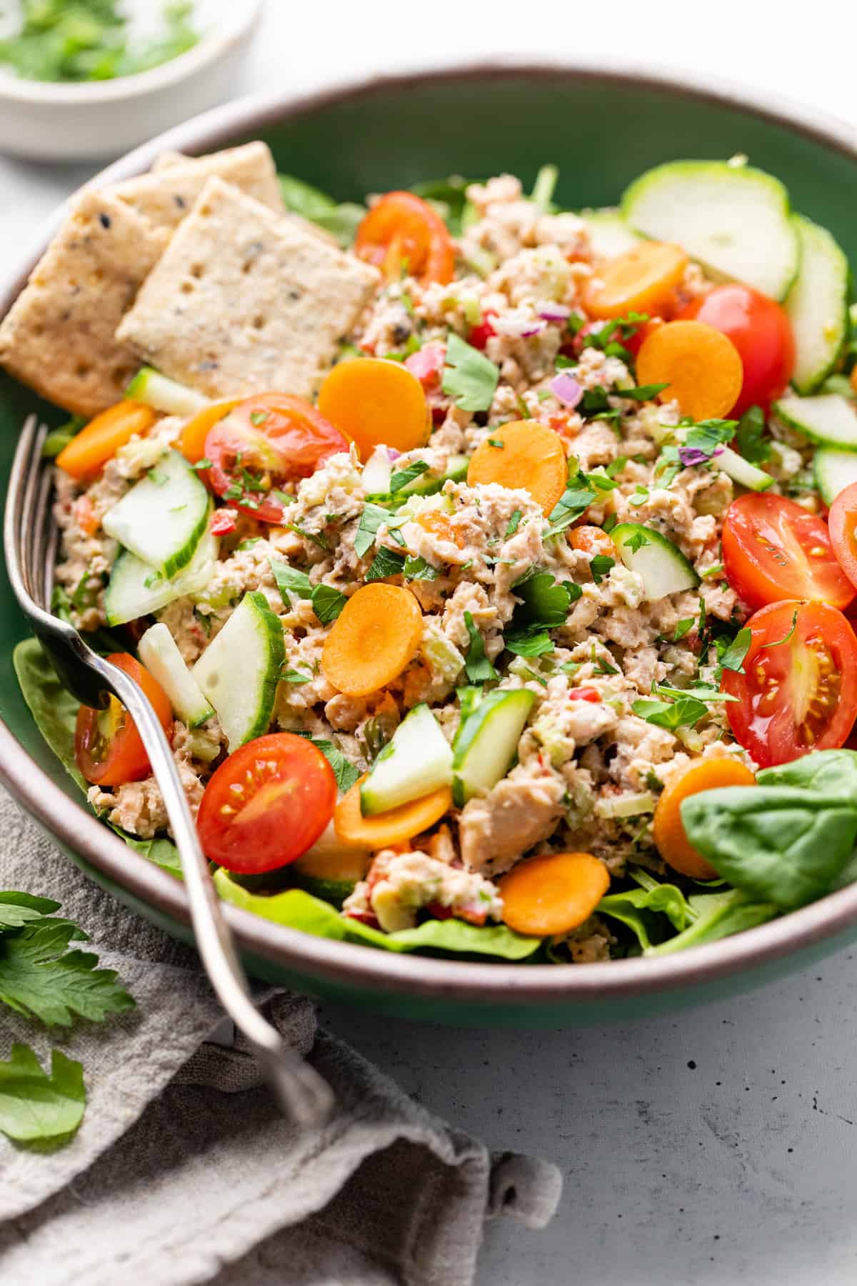 salmon salad with veggies and greens