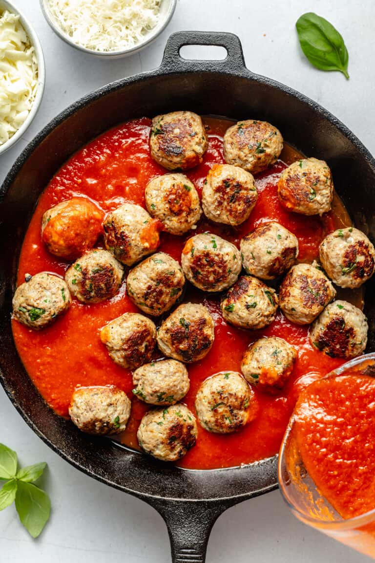 Cheesy One Skillet Italian Baked Meatballs - All the Healthy Things