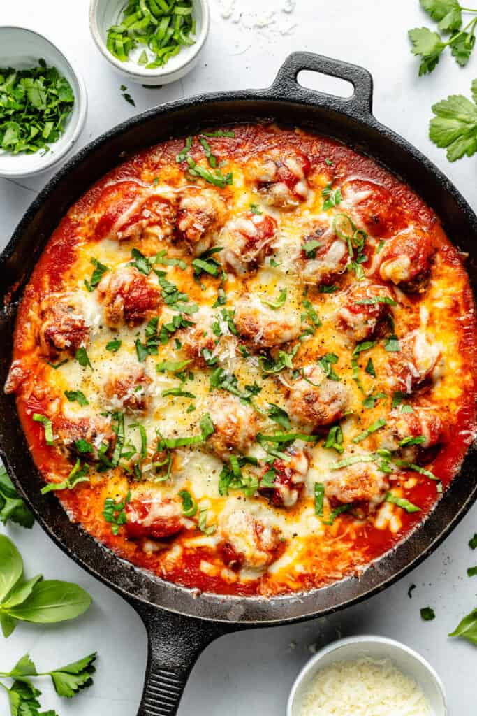 Cheesy One Skillet Italian Baked Meatballs - All the Healthy Things