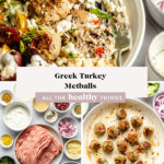 pinterest graphic that reads Greek Turkey Meatballs
