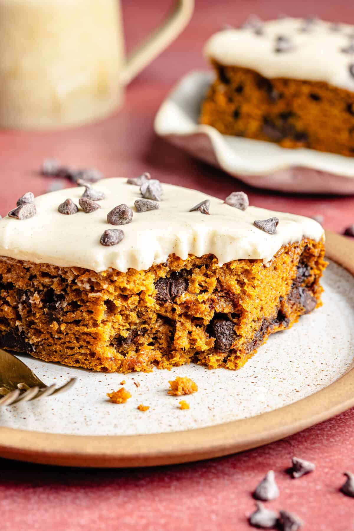 slice of pumpkin chocolate chip cake on plate