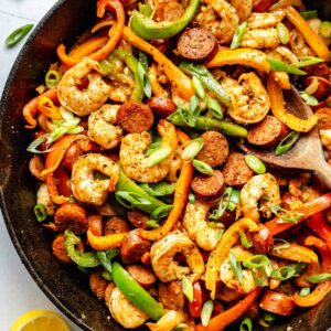 sausage, peppers, and shrimp in skillet