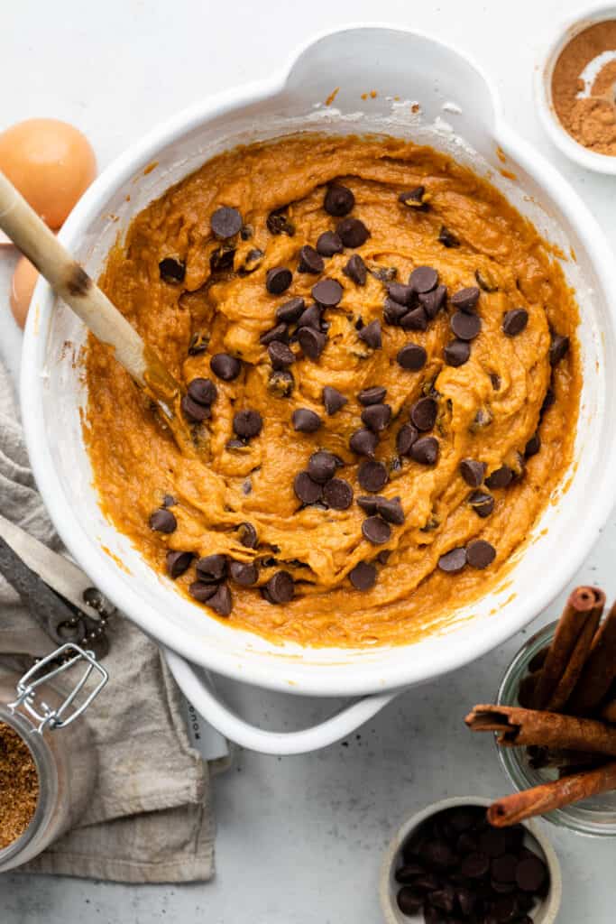 pumpkin bread batter with chocolate chips