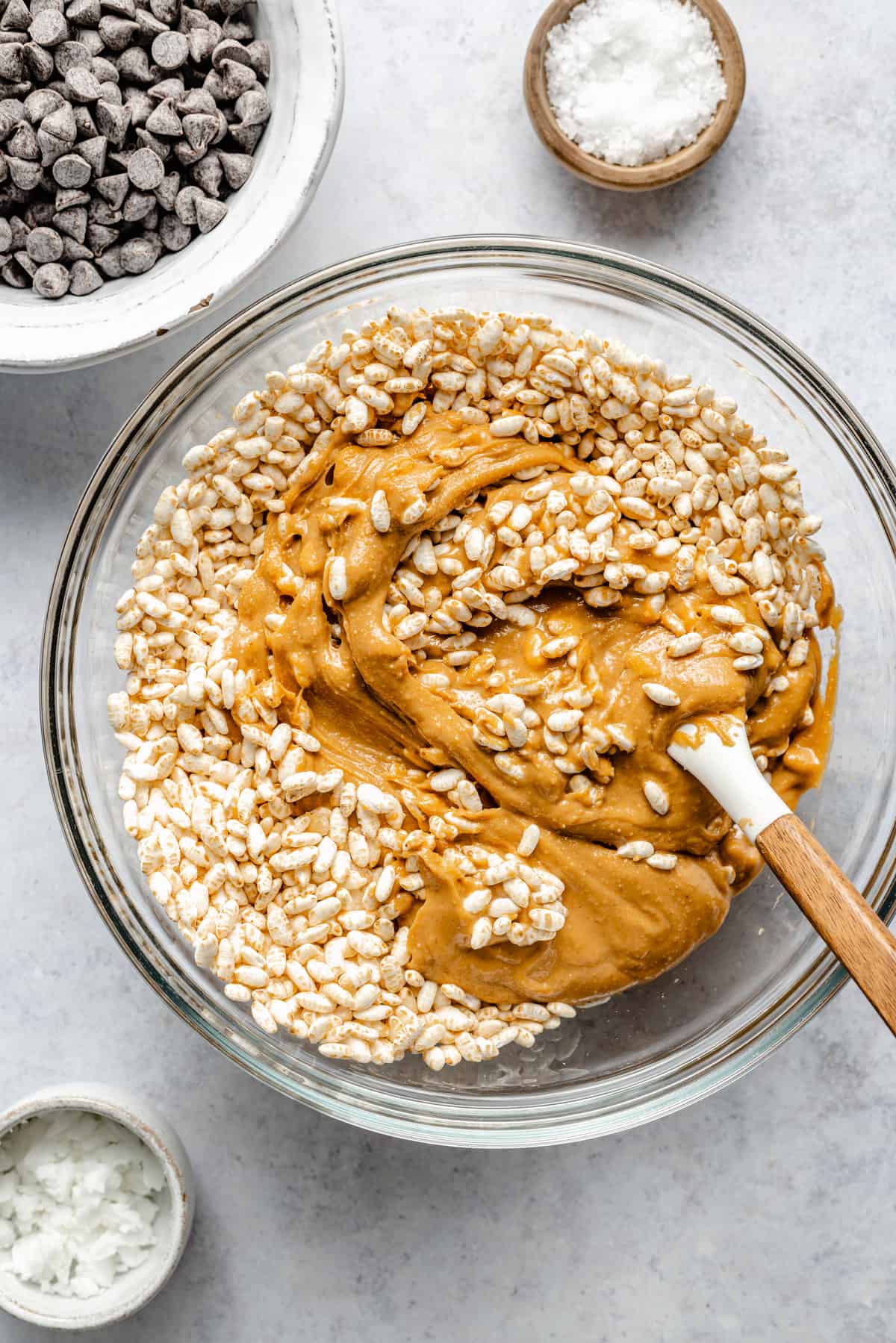 peanut butter and cereal in mixing bowl