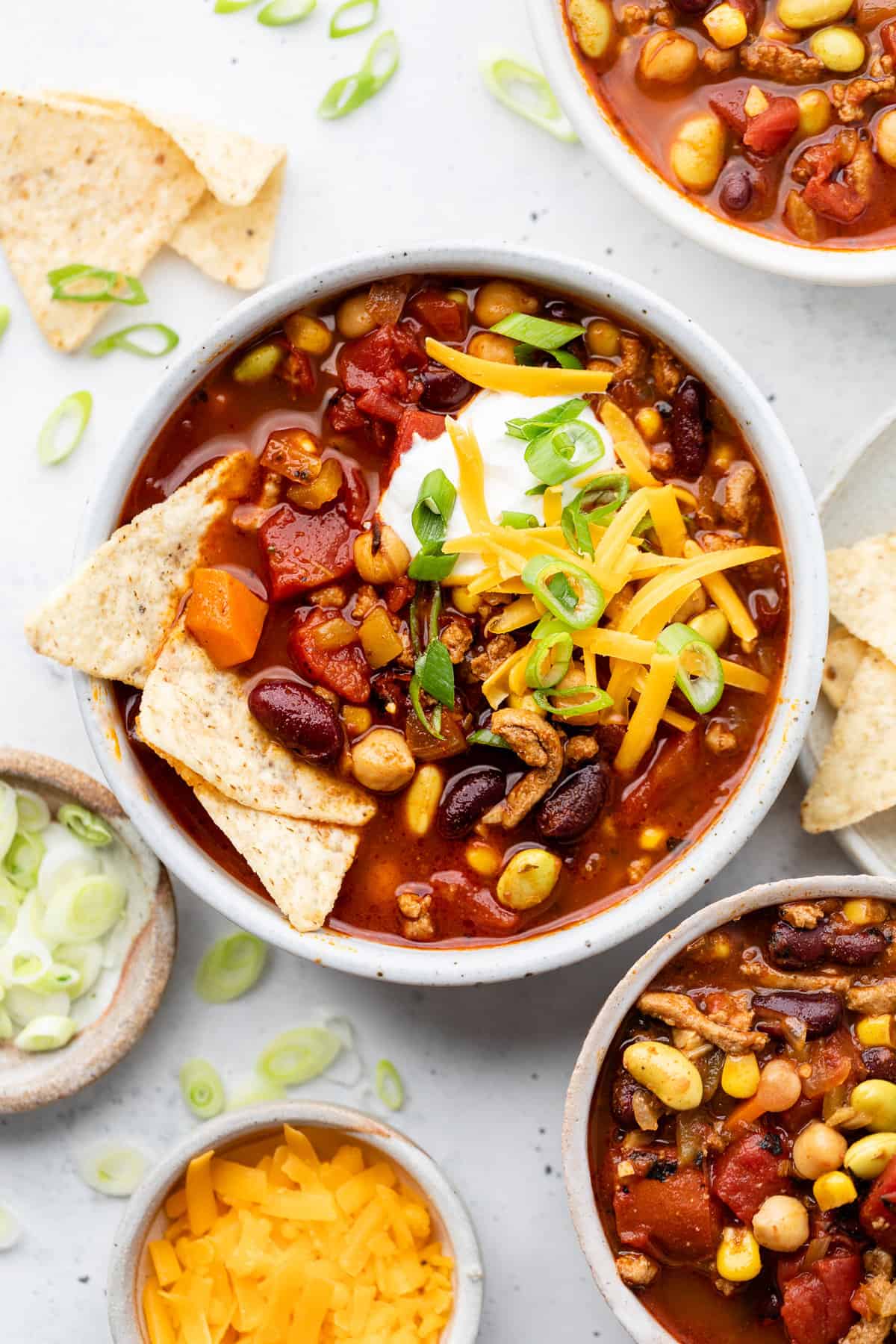 copycat panera turkey chili in bowl with chips