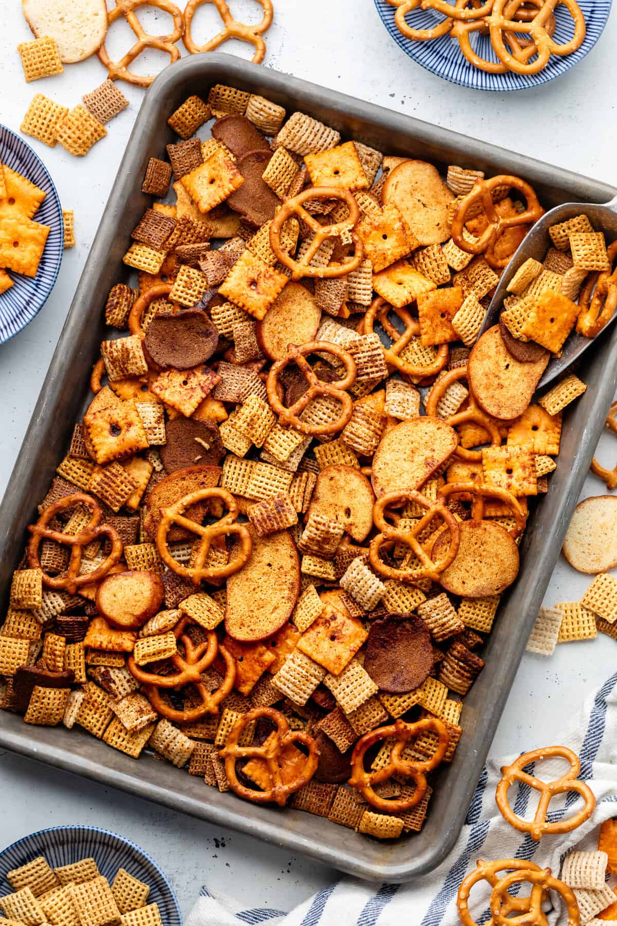 Chex mix on sheet pan