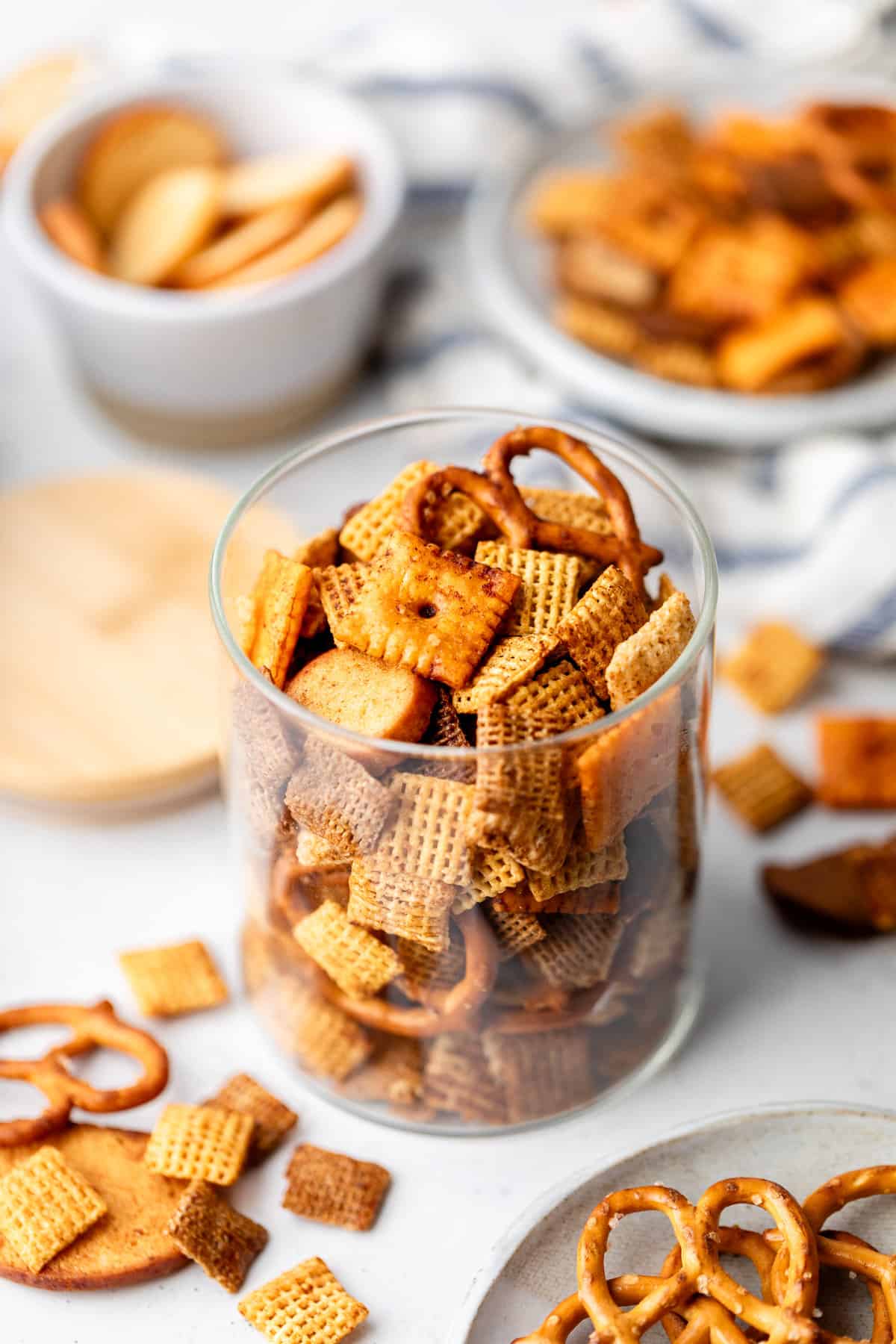 Chex mix in glass cup