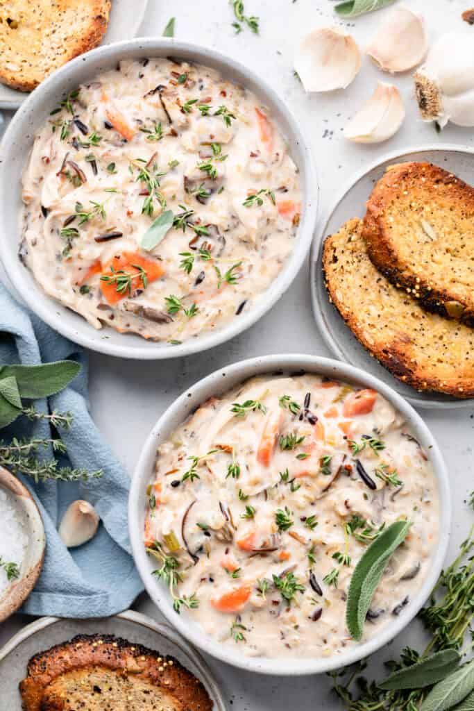 soup in bowls with bread