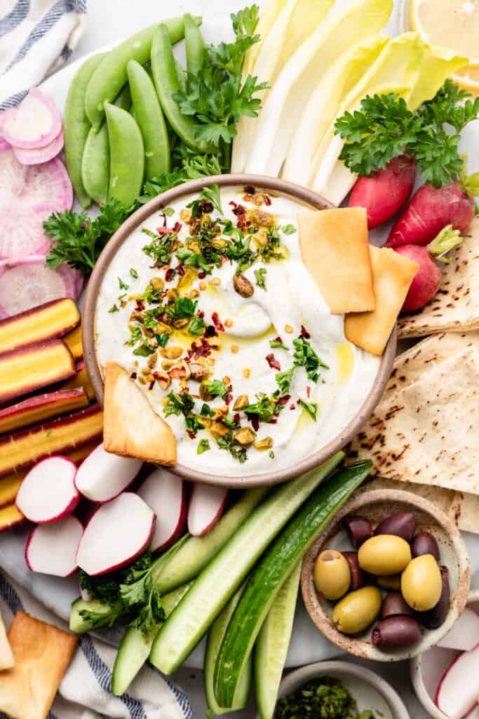 feta dip with pita crackers and veggies