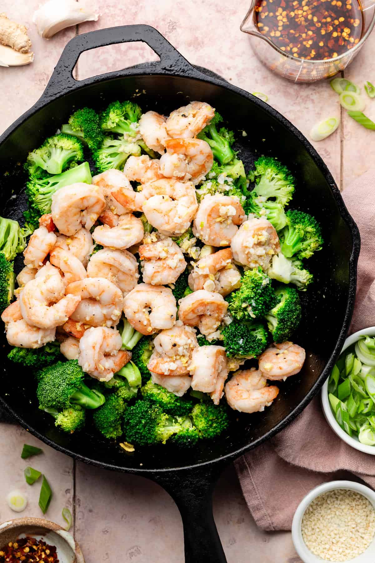 shrimp and broccoli in skillet