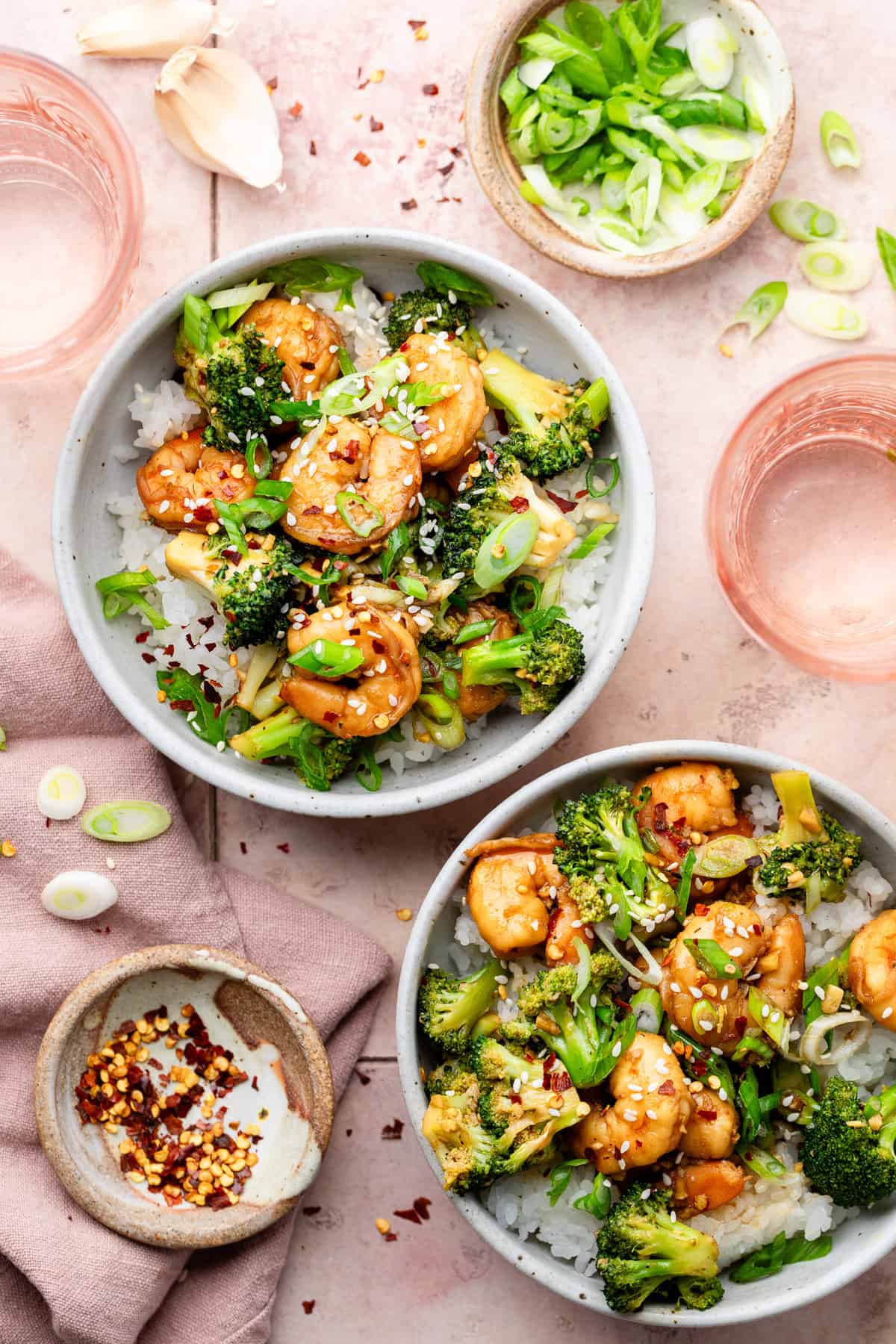 shrimp and broccoli stir fry in bowls