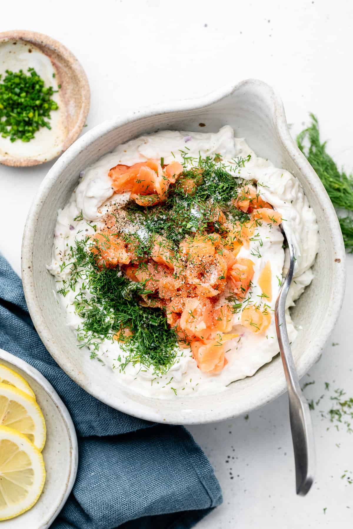 salmon, dill, and cream cheese in bowl