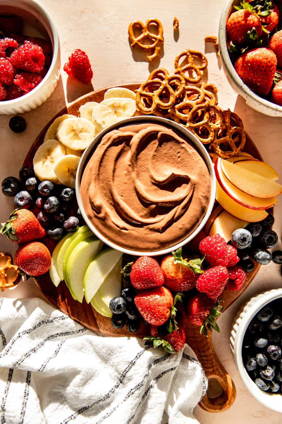 chocolate yogurt fruit dip on tray