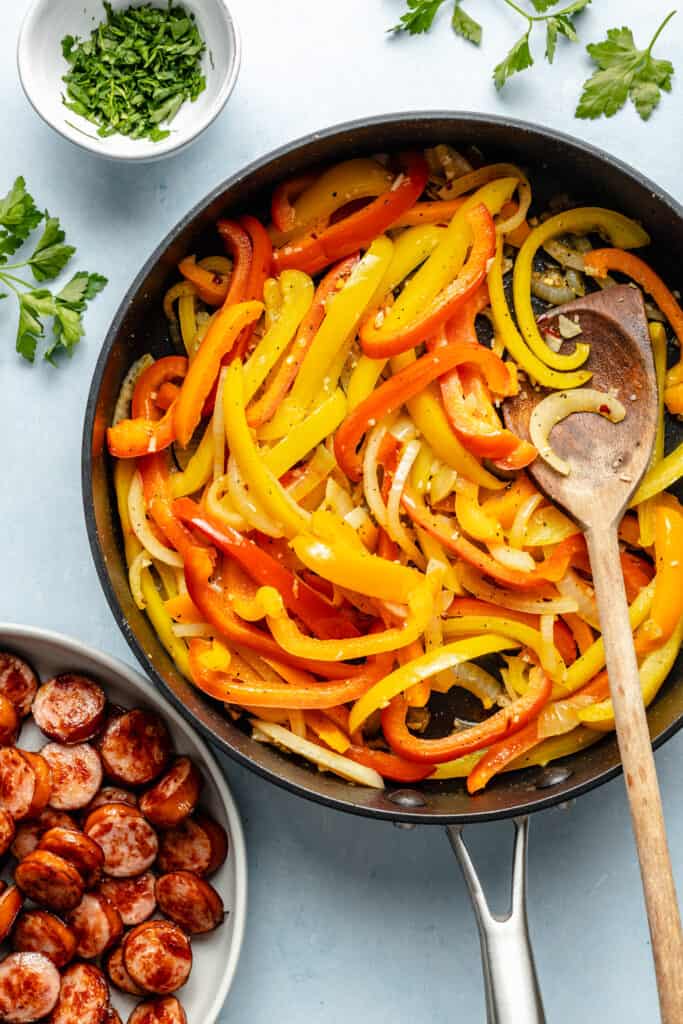 sliced peppers in skillet