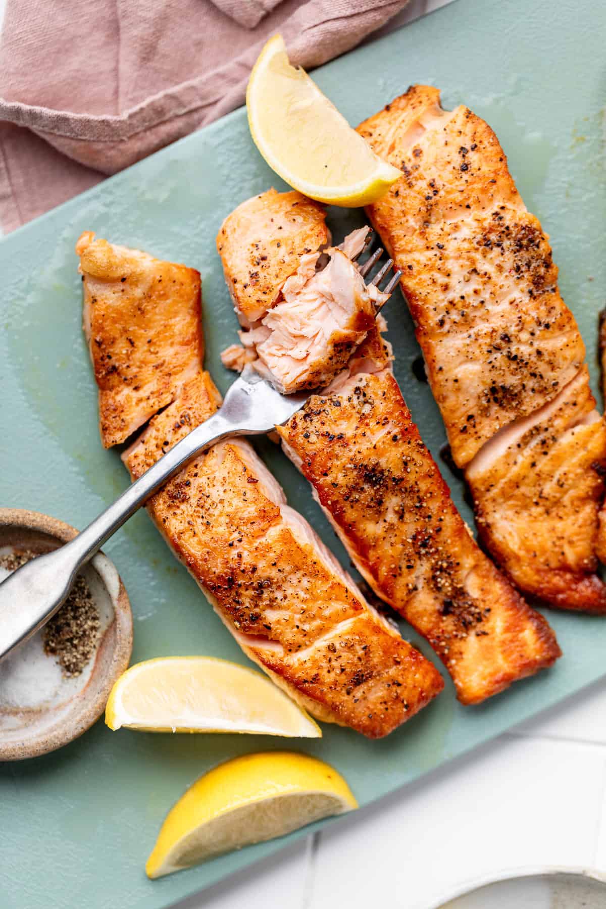 flaked salmon with fork