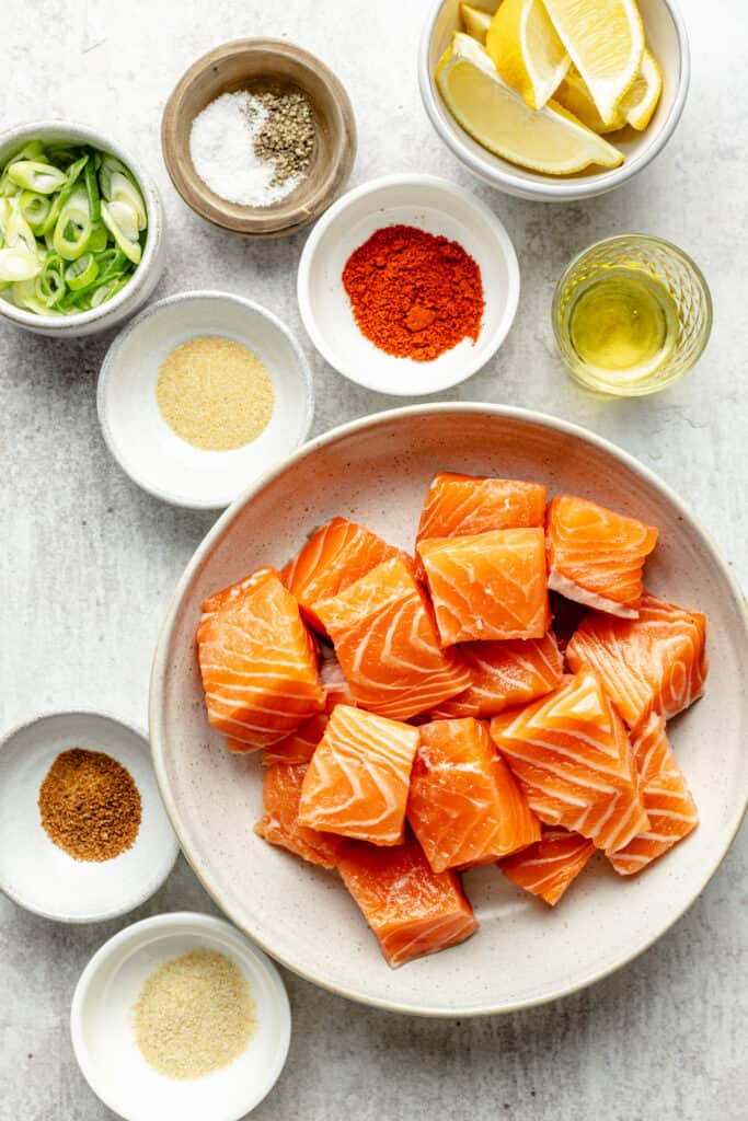 air fryer salmon bites ingredients in small bowls